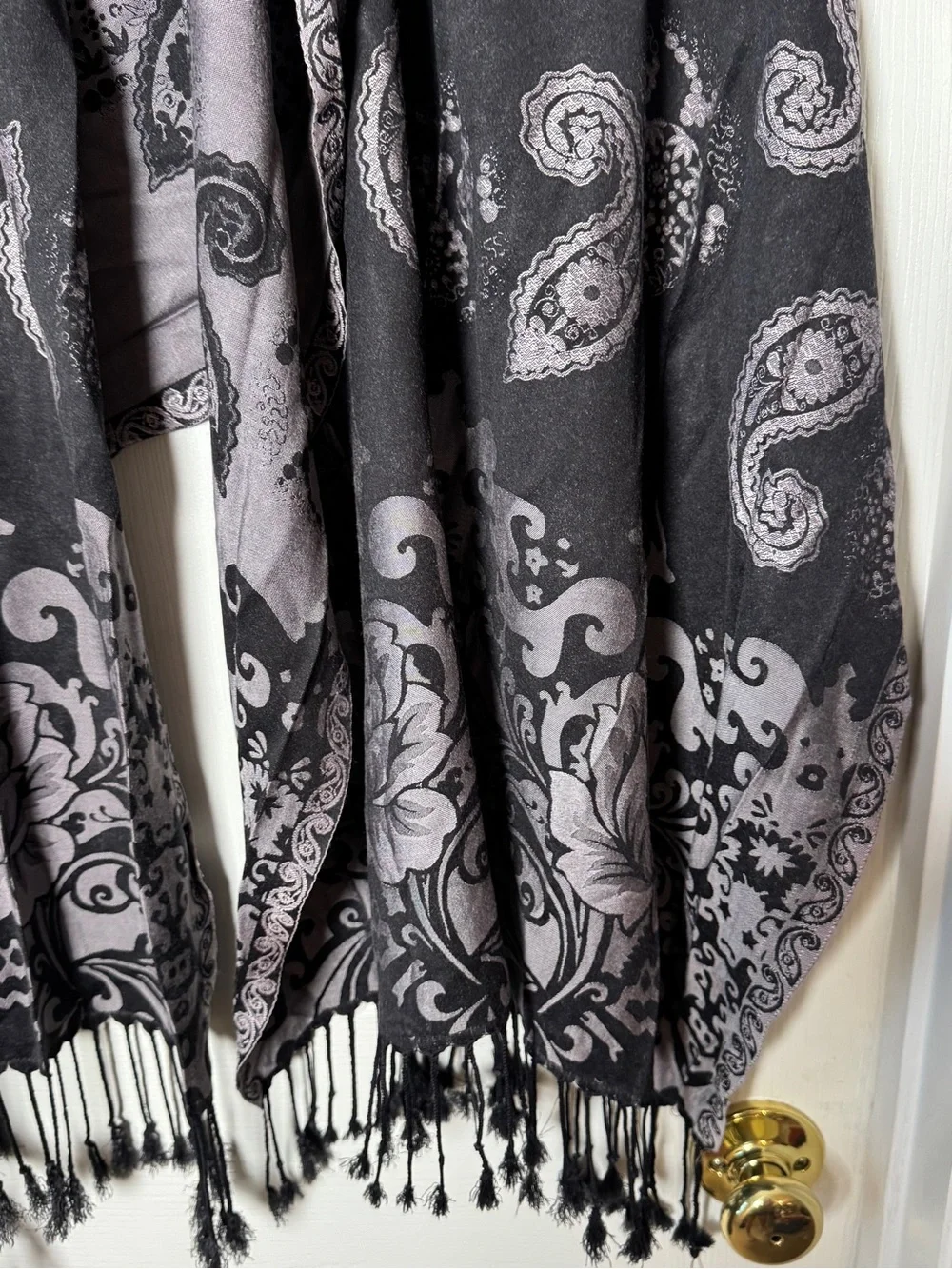 Oversized Grey & Black Paisley Pashmina Shawl Scarf Wrap Fringe 72